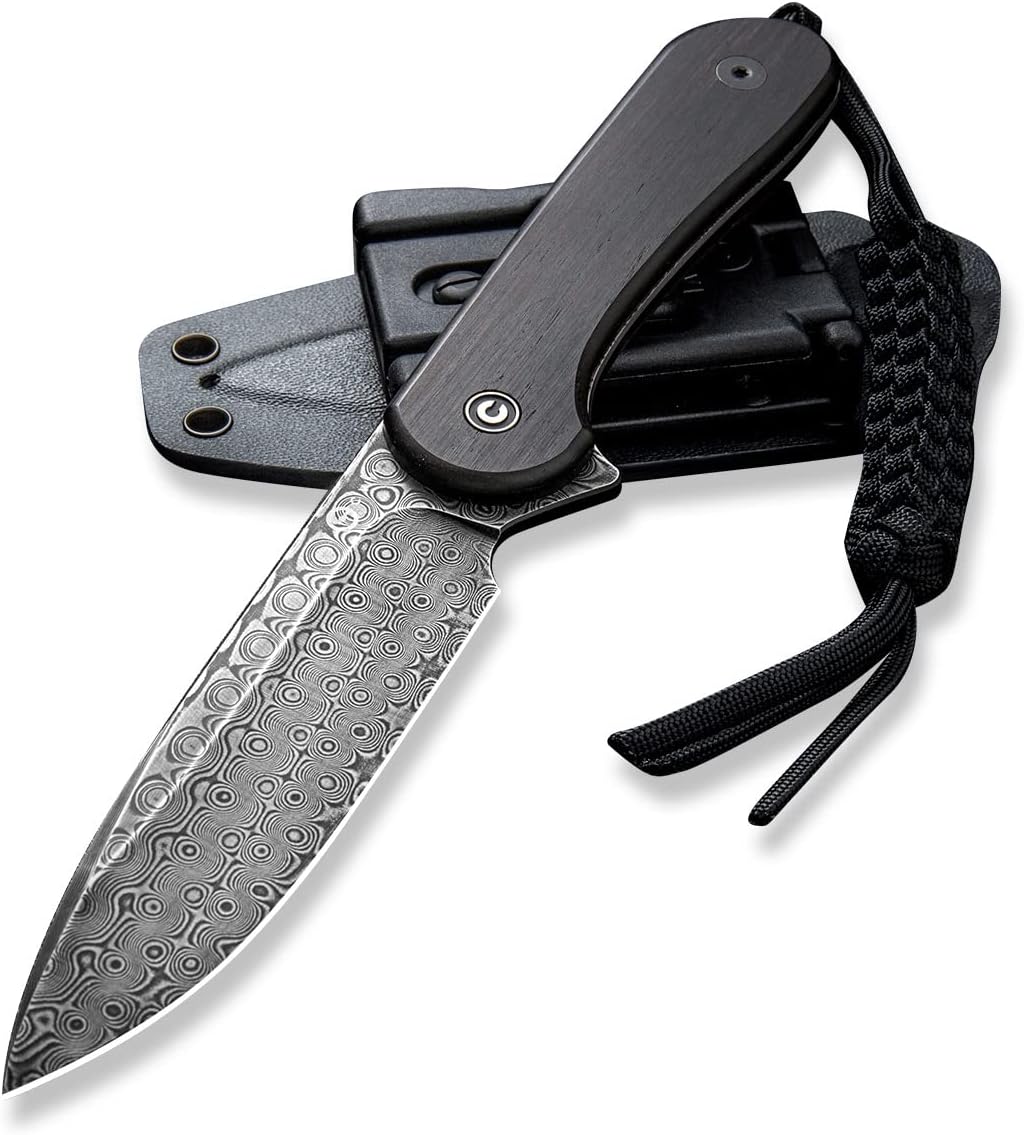 CIVIVI Fixed Blade Elementum Knife 3.98' Damascus Blade, Black Ebony Wood Handles, Belt Knife with Kydex Sheath, Tied Paracord Lanyard, Clip for Outdoor EDC C2105-DS1