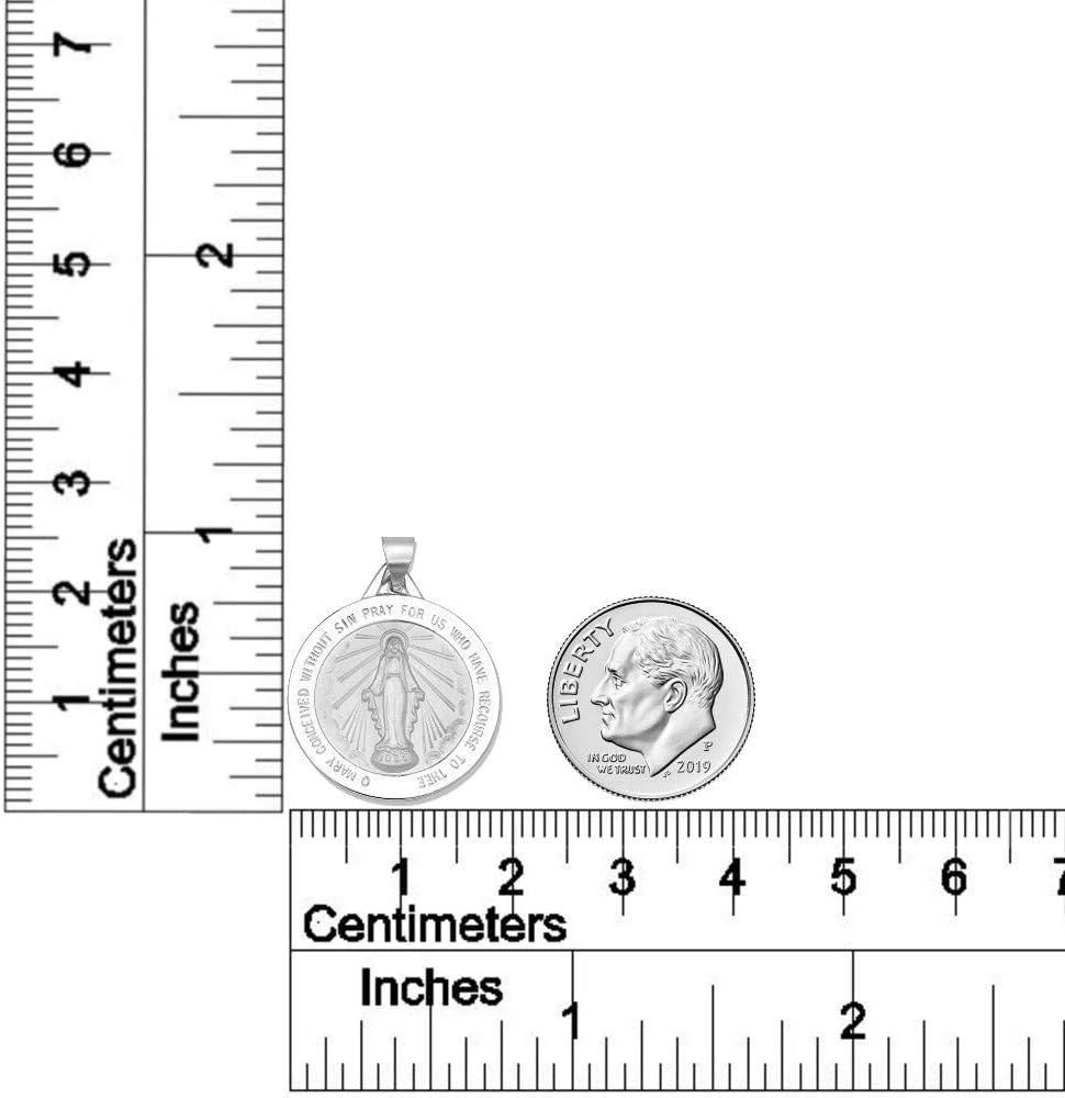 RP 14k White Gold Polished Miraculous Virgin Mary Double Sided Pendant Medal, 3/4' Size of Dime