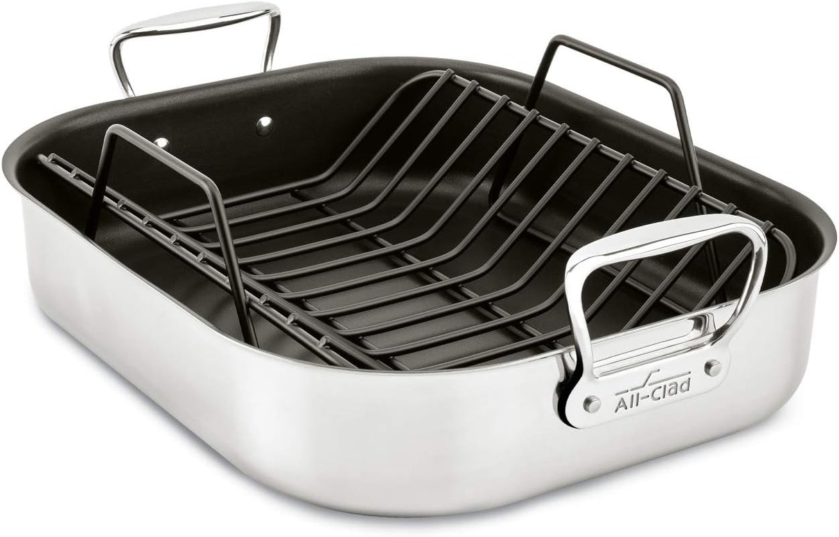 All-Clad Specialty Stainless Steel Large Roaster with Nonstick Rack 13x16 Inch Oven Broiler Safe 500F Roaster Pan, Pots and Pans, Cookware Silver