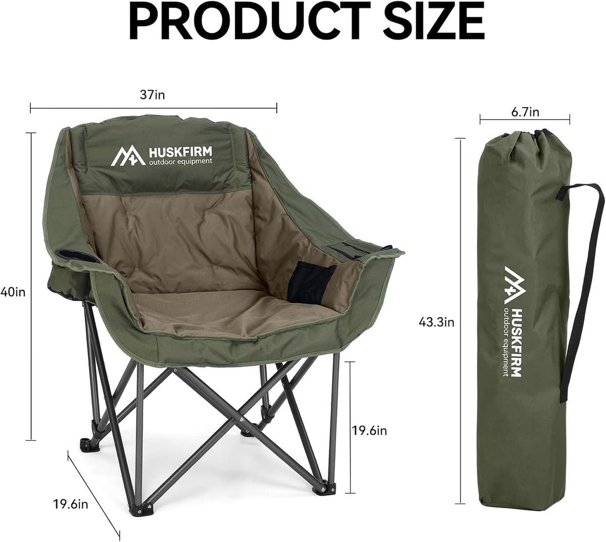 Huskfirm 2 Pack Camping Chairs Oversized Padded Camping Chair Heavy-Duty Foldable Camping Chairs with Cup Holder and Cooler Bag Portable Lawn Chair for Sports Outdoors-Support 450LBS,Green