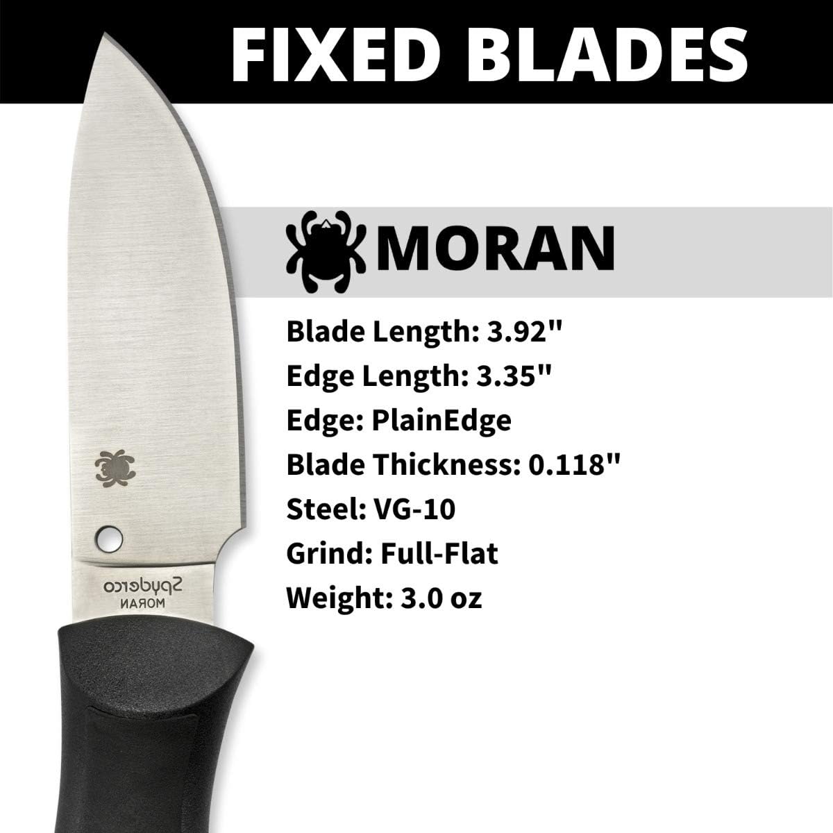 Spyderco Moran Drop Point Fixed Blade Knife with 3.92' VG-10 Stainless Steel Blade and Premium Custom-Molded Boltaron Sheath - PlainEdge - FB02P