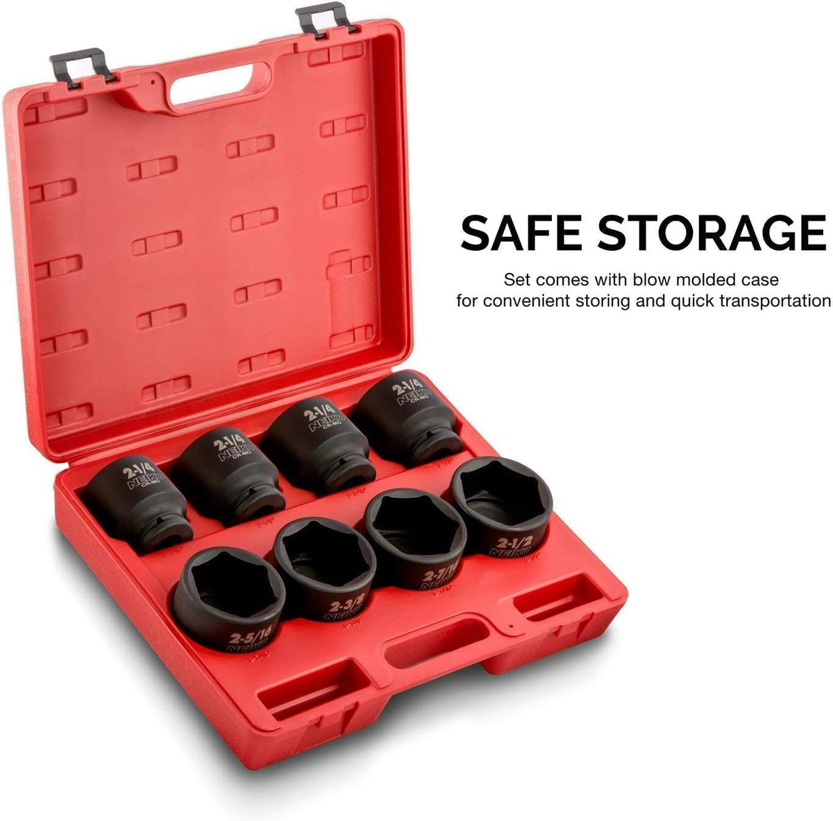 NEIKO 02392A 3/4' Impact Socket Set, 3/4' Drive, 8 PC Jumbo Sockets, SAE Standard Sizes 2-1/16 Inch to 2-1/2 Inch, Chrome-Moly Cr-Mo Steel