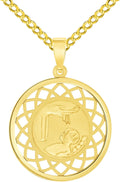 Jewelry America 14k Yellow Gold Religious Baptism Christening On Round Open Ornate Medal Pendant with Cuban Chain Curb Necklace