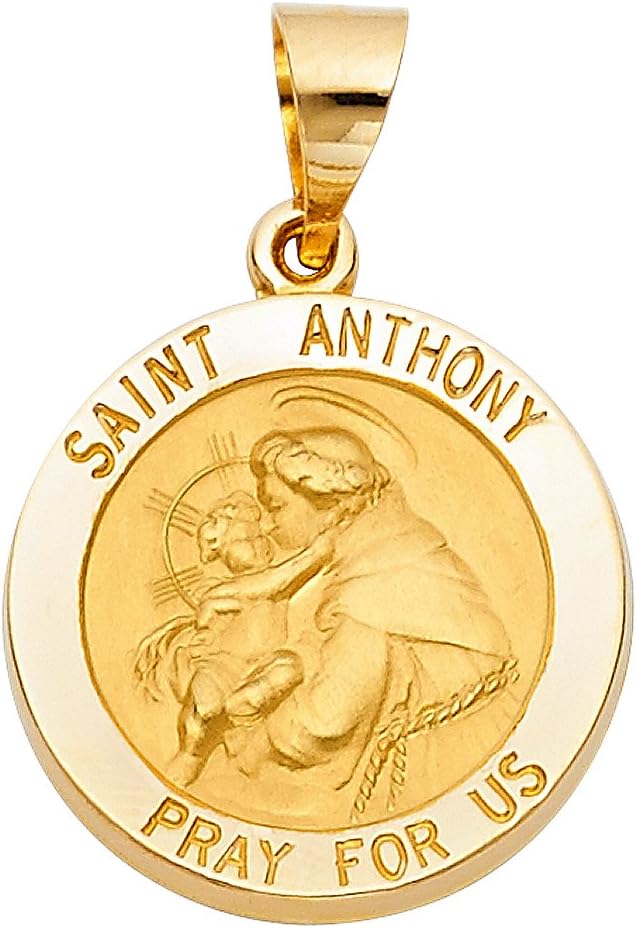 14K Yellow Gold St. Anthony Charm Medal Pendant with 1.7mm Flat Open Wheat Chain