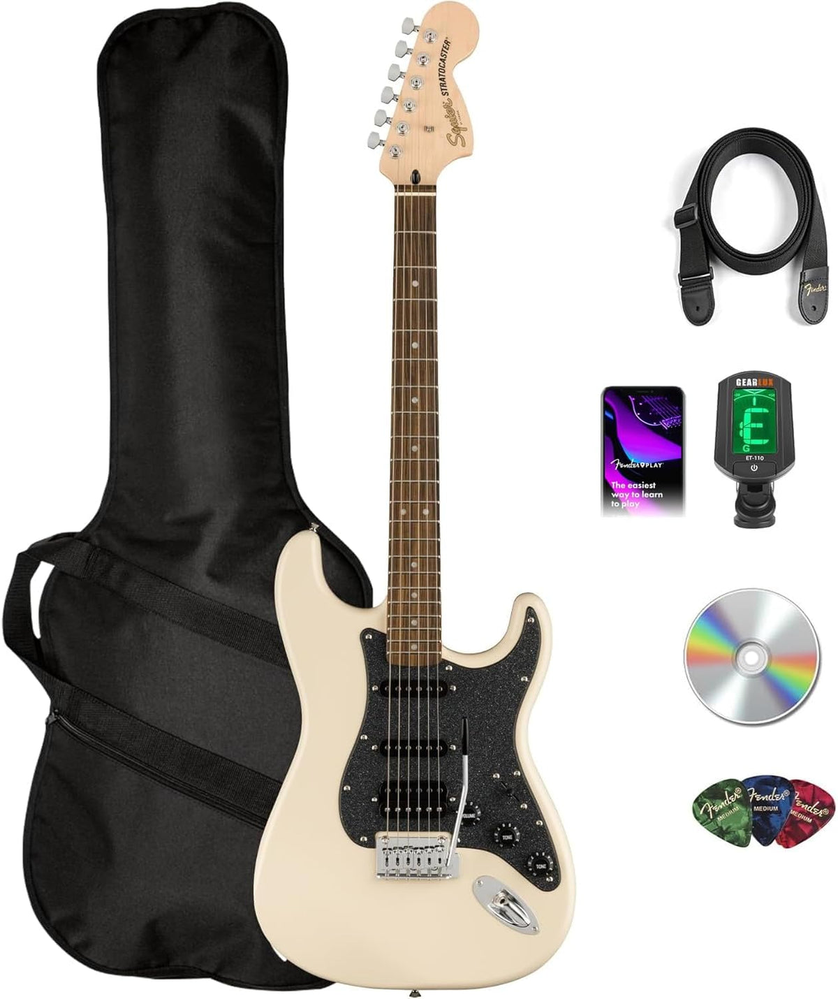 Fender Squier Affinity Stratocaster HSS Limited Edition - Olympic White Bundle with Gig Bag, Tuner, Strap, Picks, and Austin Bazaar Instructional DVD