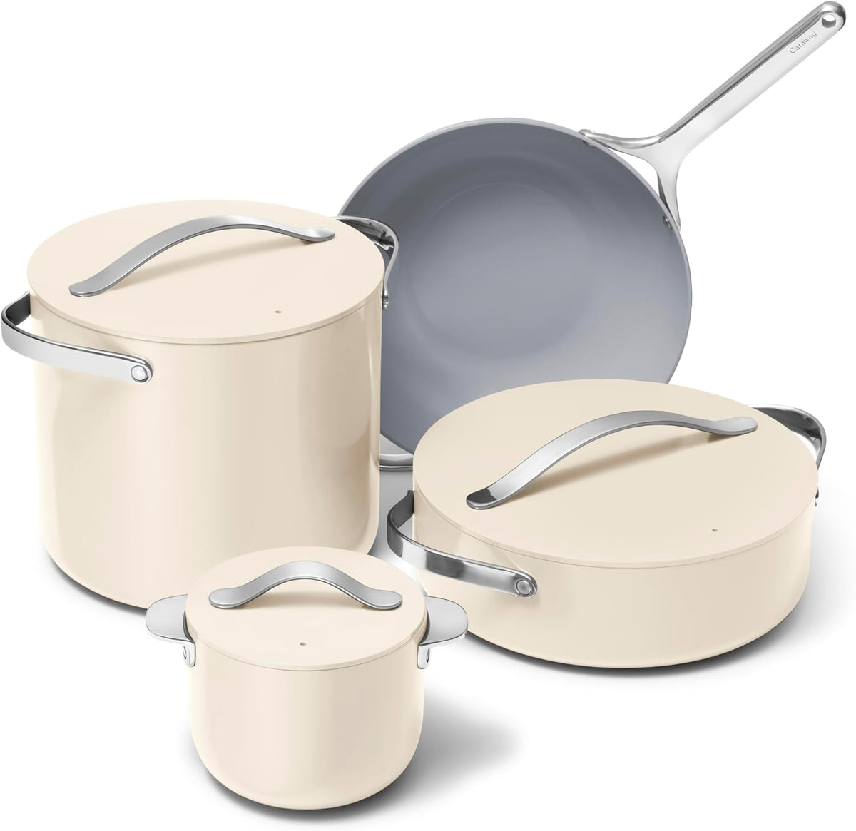 Caraway Cookware+ Collection - Specialty Cookware Set - Petite Cooker, Stir Fry Pan, Rondeau, & Stock Pot - 3 Lids & Storage Organizer Included - Cream