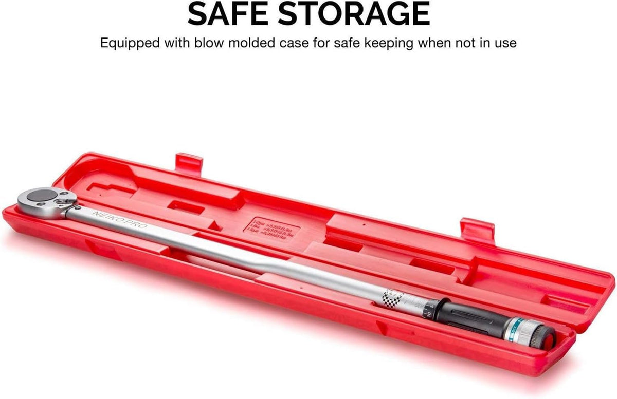 Neiko PRO 03711B 3/4' Torque Wrench, 3/4' Drive SAE, 50-300 Ft-Lb, 34' Length, Adjustable Click Torque Wrench, Chrome Vanadium Cr-V Steel