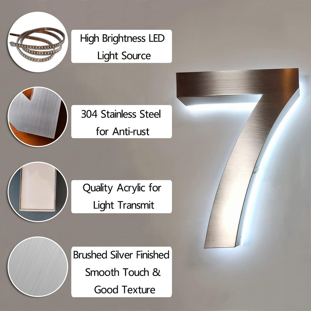 Backlit 3D LED House Number Plaque White Light 0-9 Letter A-Z Stainless Steel Illuminated Sign For Home Outdoor Address, Waterproof, Modern Floating, Brushed Silver,14 Inch,X