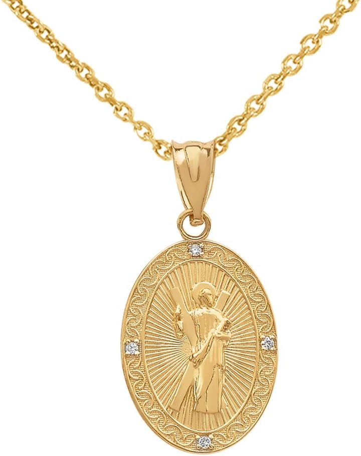 10k Gold Saint Andrew the Apostle Diamond Oval Medal Charm Necklace (Small)