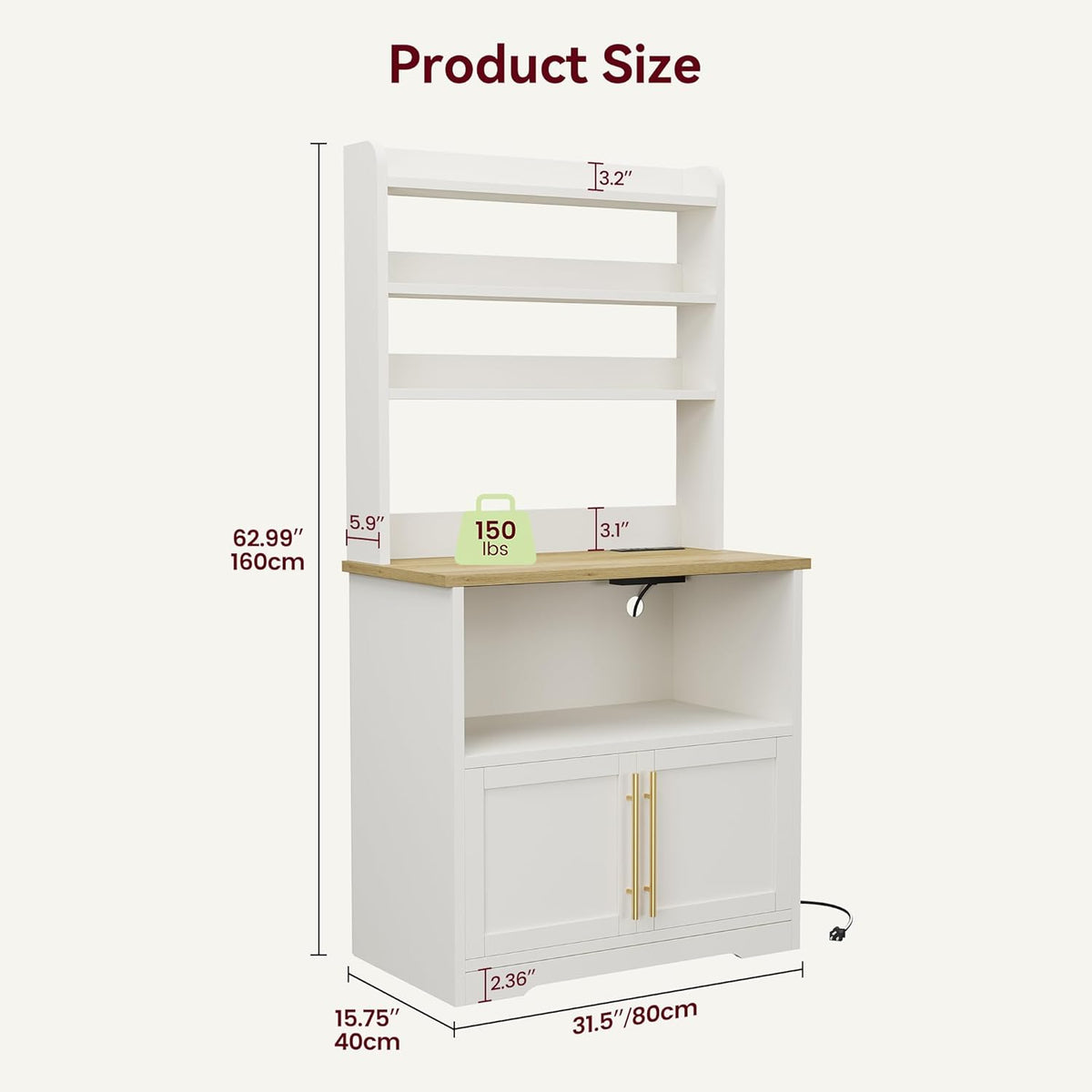 Bakers Rack with Storage Cabinet, Farmhouse Microwave Stand with Power Outlets, Small Kitchen Bakers Rack with Thick Table Top, Coffee Bar Station for Dining Room, White & Peer Wood