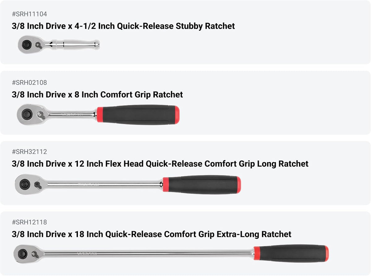 TEKTON 1/4, 3/8, 1/2 Inch Drive Quick-Release Comfort Grip Ratchet and Breaker Bar Set (15-Piece) | SDR99904