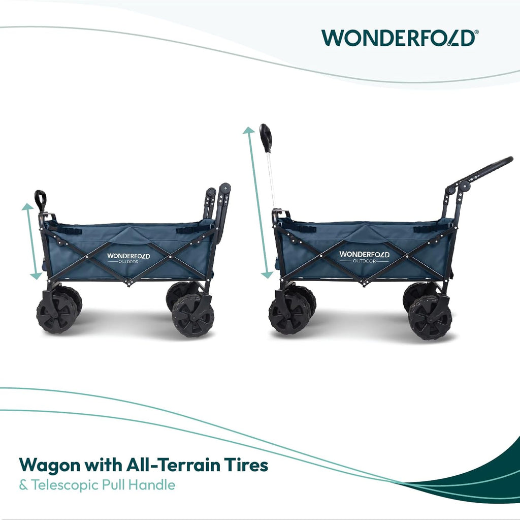 WONDERFOLD S2 Push & Pull Folding Utility Cart with Wide Beach Tires, Adjustable Push Handle, Telescopic Pull Handle with Spring Bounce Technology & Storage Pouch, Blue