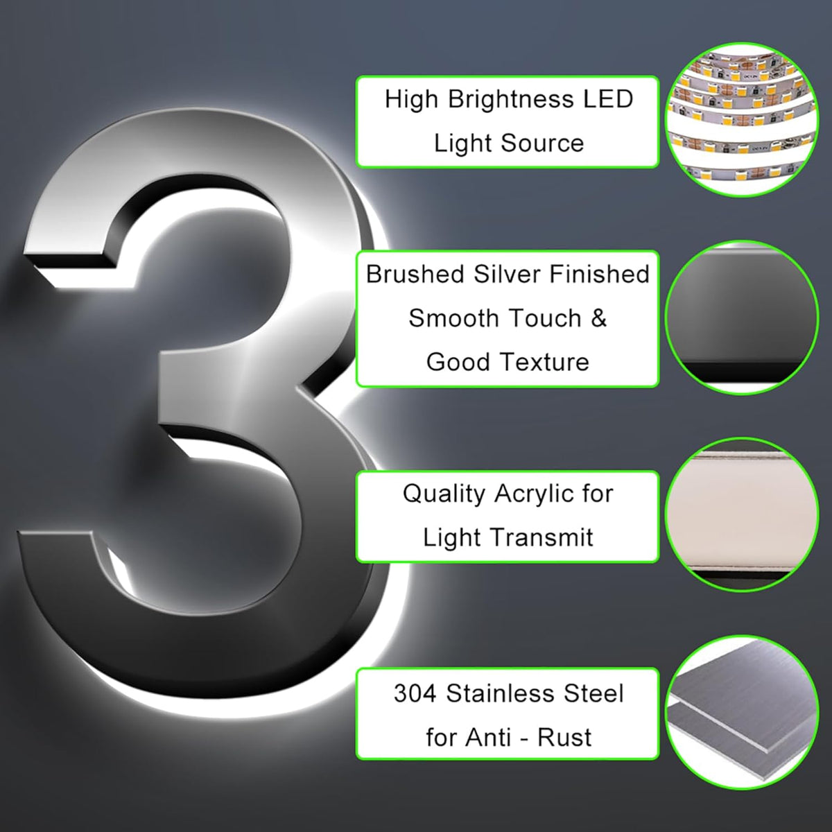 Backlit Illuminated LED House Numbers, LED Lighted Up House Number Light, Modern Up-Scale Look Stainless Steel LED House Address Numbers,16 Inch/400mm,0