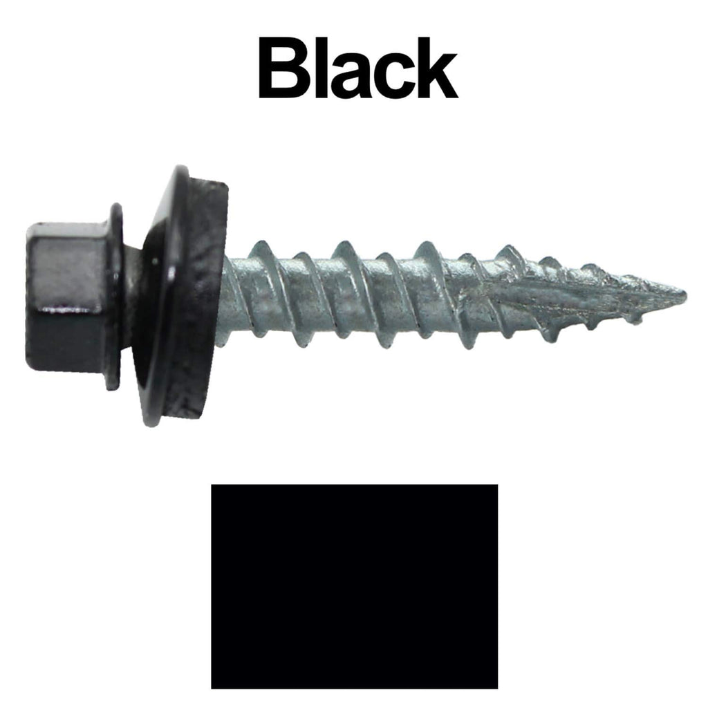 10 x 1 Black Metal Roofing Screws - Hex Washer Head- Self-Starting/Tapping - EPDM Washer. 10 X 250 Bags - 2,500 Screws