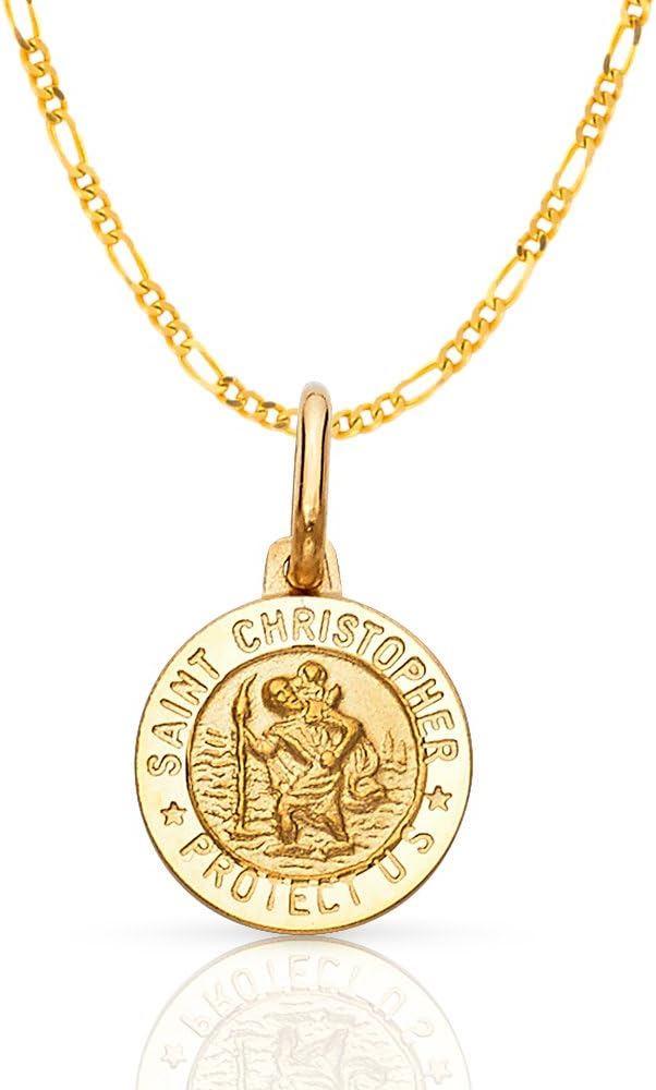 14K Yellow Gold St. Christopher Medal Pendant Necklace Protect Us Charm with 1.9mm Figaro 3+1 Chain