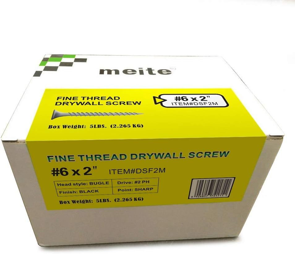 meite #6 Fine Thread Drywall Screws by 2-Inch with Bugle Head, 5 Pounds Black #DSF2M (8 Boxes (1 CASE))