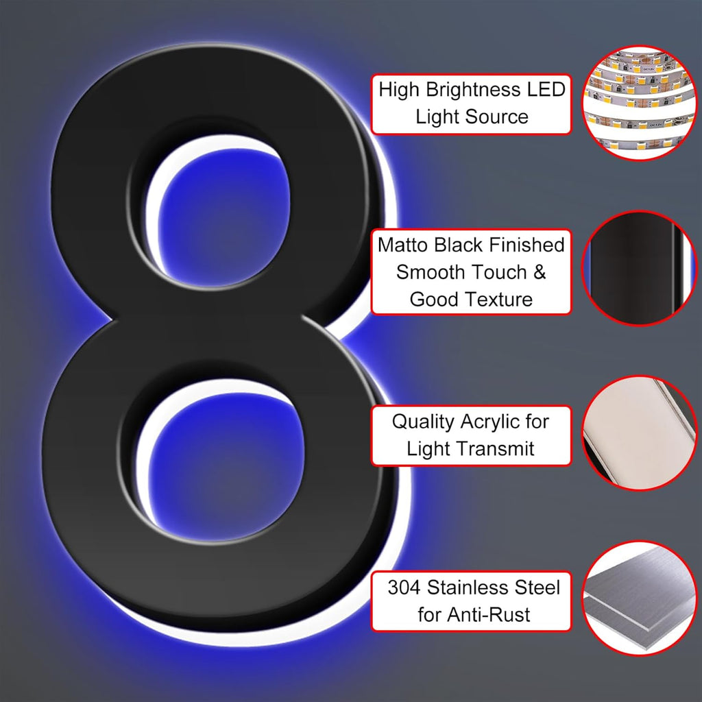 Illuminated LED House Number Sign, Matte Black, Lighted Address Number For House/Home/Yard, Light Up Address Sign, Waterproof Outdoor/Indoor, Day & Night,20 Inch/50cm,R