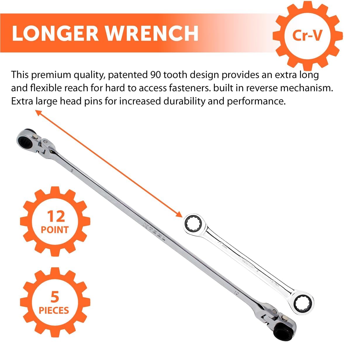 K Tool International XDDBM10 5 Piece Reversible Double Box Ratcheting Wrench Set for Garages, Repair Shops, and DIY, Black