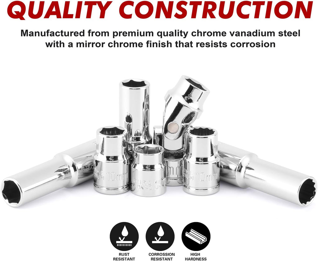 CASOMAN 104 PCS 3/8' Drive Master Impact Socket and Flex Socket Set, Include Deep, Mid-Length, Shallow & Stubby Socket, 6-Point & 12-Point, Metric, CR-V