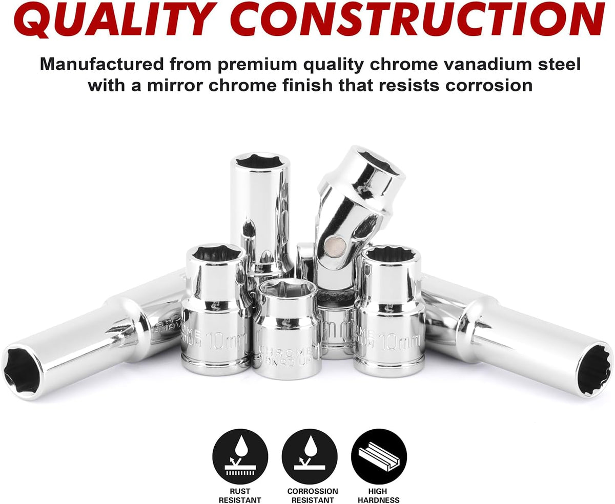 CASOMAN 104 PCS 3/8' Drive Master Impact Socket and Flex Socket Set, Include Deep, Mid-Length, Shallow & Stubby Socket, 6-Point & 12-Point, Metric, CR-V