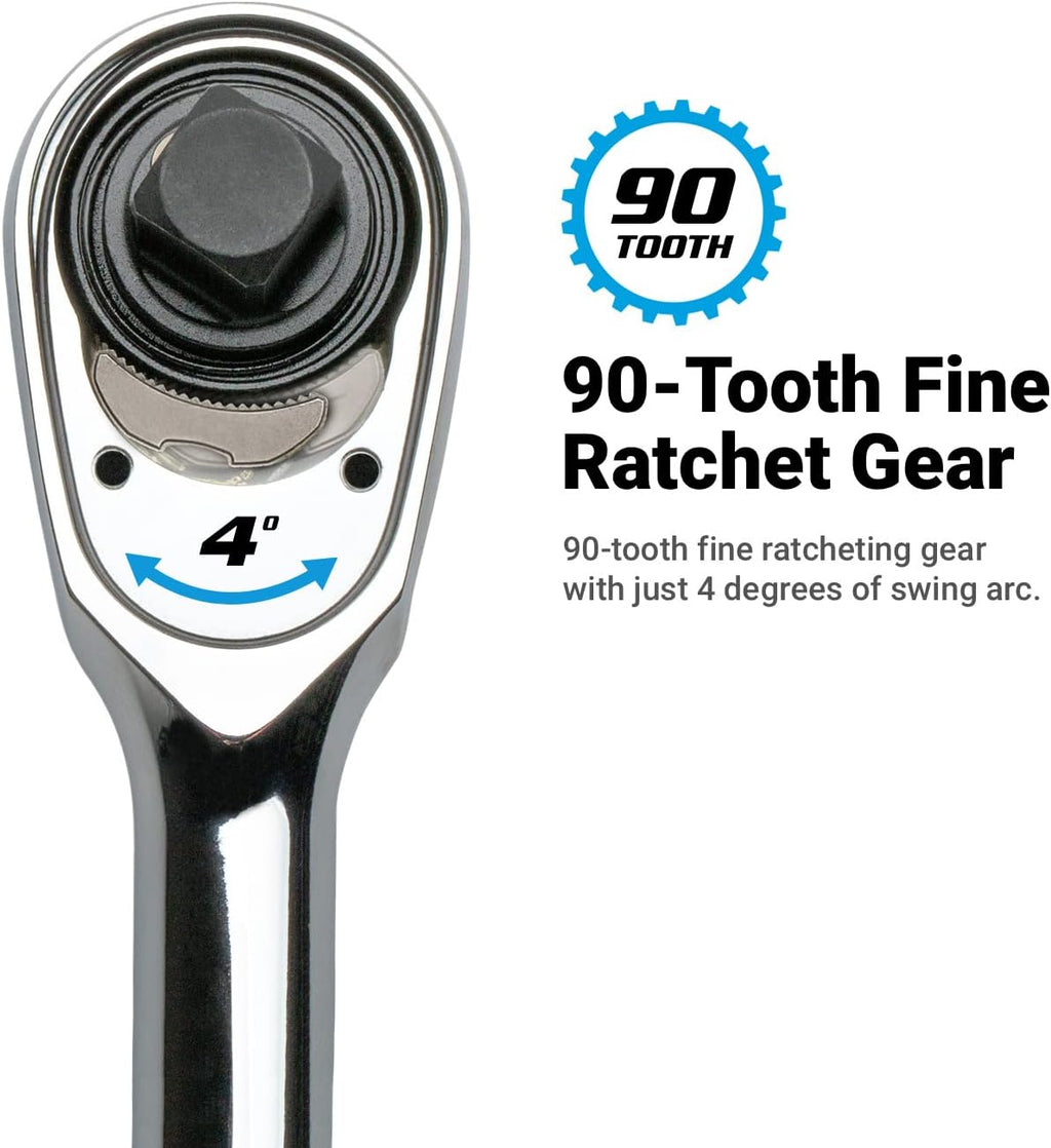 Capri Tools Fine 90-Tooth Extra Long Ratchet Set, Stubby Impact Socket Set, Ergonomic Soft Grip, 1/4, 3/8, 1/2 in. Drive, 3-Piece