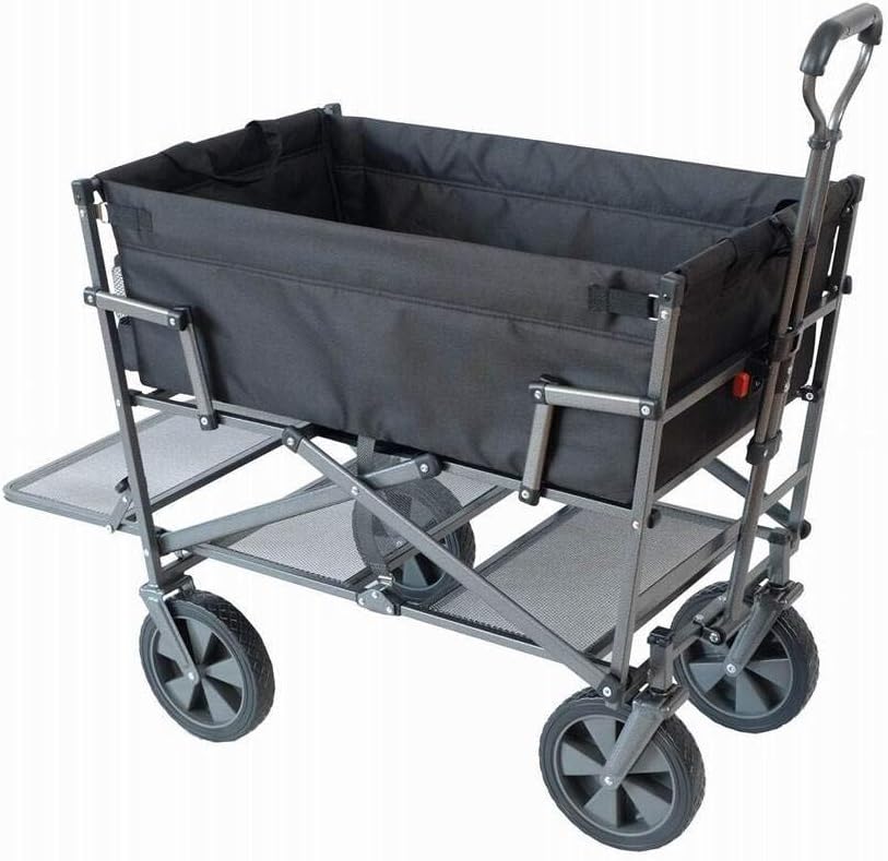 MacSports Double Decker Heavy Duty Steel Frame Collapsible Outdoor 150 Pound Capacity Yard Cart Utility Garden Wagon with Lower Storage Shelf, Black
