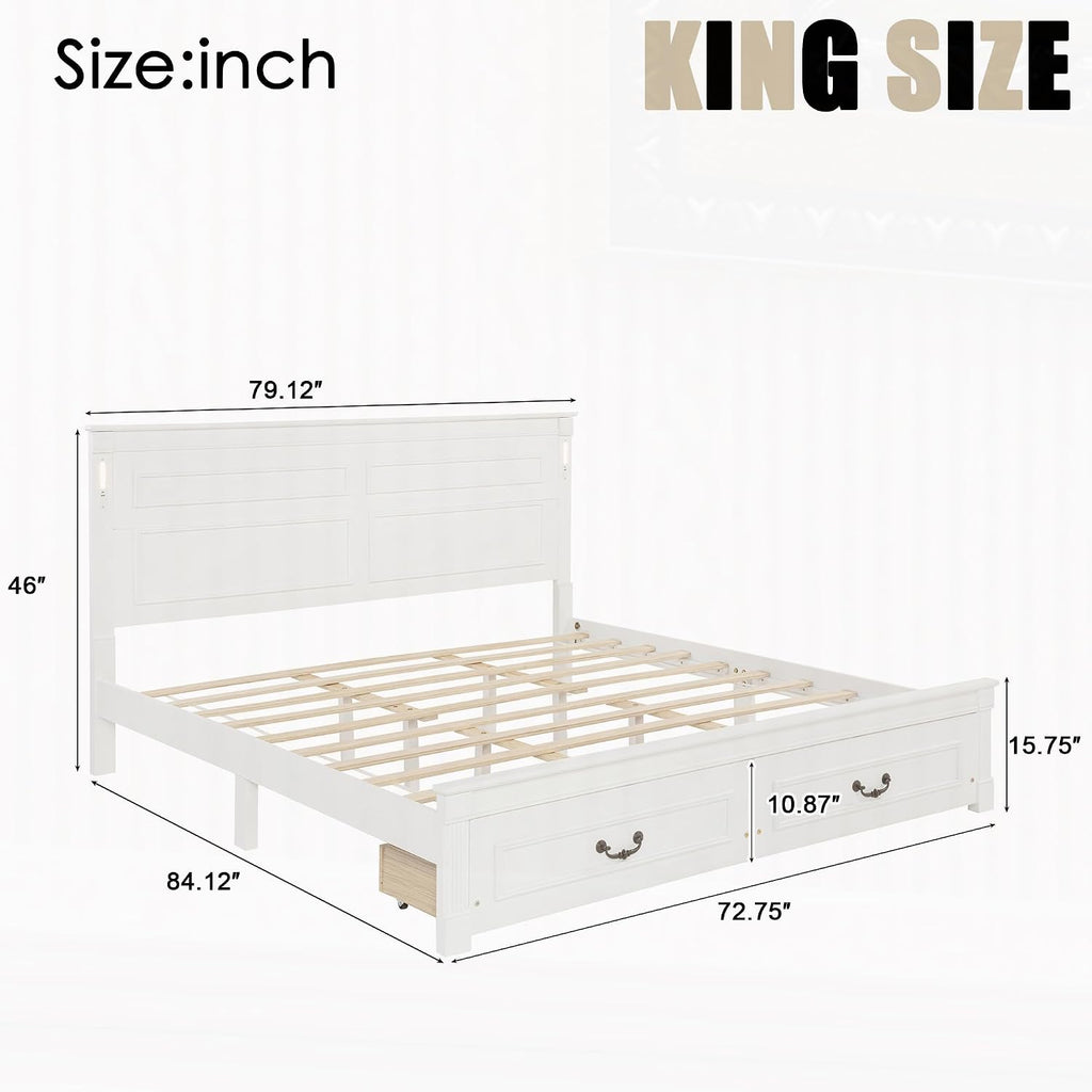 King Size Platform Bed with 2 Drawers, LED Light & Charging Station, Sturdy Wood Bed Frame with Headboard, No Box Spring Needed, Elegant Rustic Style, White