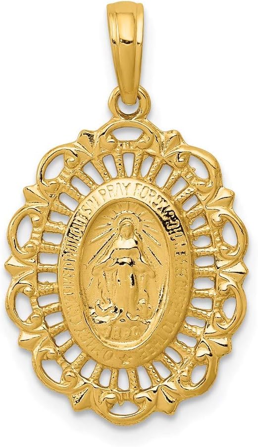 DEWBERRY 14k Yellow or White Gold Miraculous Medal Pendant | Religious Charms | Unisex Miraculous Pendant | Medal Pray For US Pendants for Men's Womens | Hollow Miraculous Medal With Scallop Frame