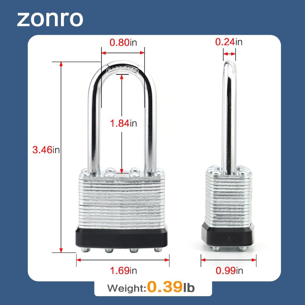 ZonRo Locks Laminated Steel Keyed Padlocks,Keyed Alike Locks, 1-9/16 inch Wide,Long Shackle Padlocks, Pack of 48，Black Hoop, for Hasp Latch, Sheds, Fences, Storage Locker, School, Gym…