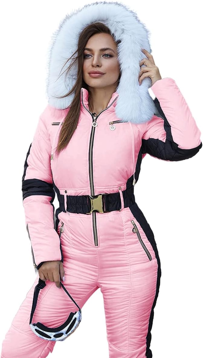 Yousify Womens Snow Suits Winter Ski Suit Onesie Outdoor Sports Waterproof Snowsuit Removable Faux Fur Collar Coat Jumpsuit