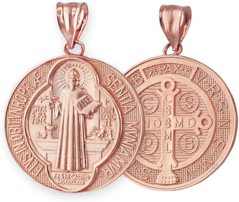 LA BLINGZ 14K Rose Gold Saint Benedict Medal Reversible Pendant Necklace