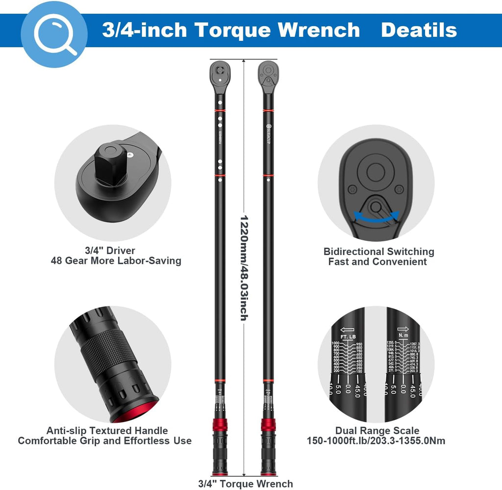 SUERCUP 3/4-inch Drive Click Torque Wrench, 150-1000ft.lb/203.3-1355Nm, 48 Tooth Dual-Direction Click Torque Wrench with a Hex Key for wind turbines,dockyards, car,truck repair