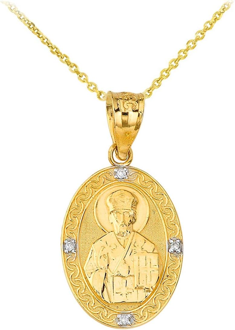 Certified 10k Gold Catholic Patron Saint St. Nicholas Oval Religious Medal Diamond Pendant Necklace