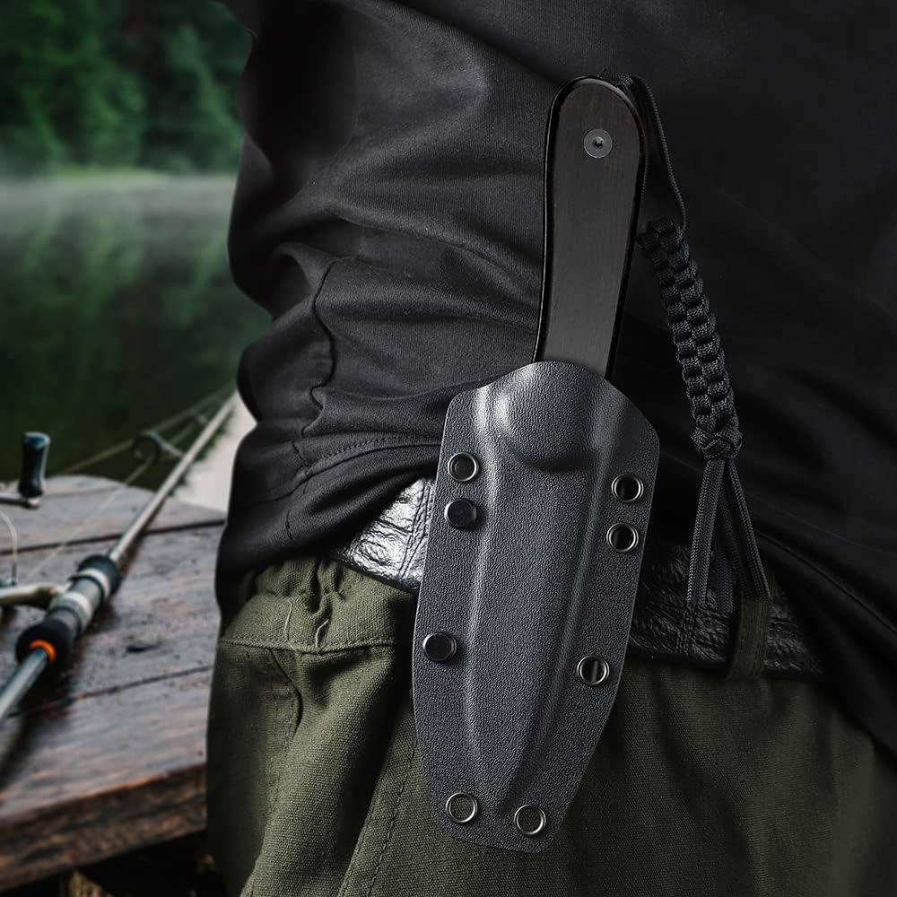 CIVIVI Fixed Blade Elementum Knife 3.98' Damascus Blade, Black Ebony Wood Handles, Belt Knife with Kydex Sheath, Tied Paracord Lanyard, Clip for Outdoor EDC C2105-DS1
