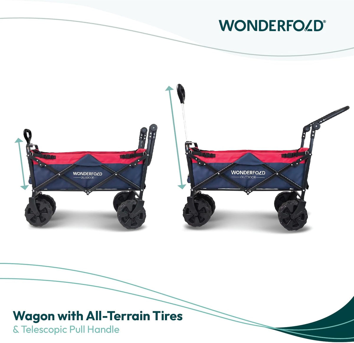 WONDERFOLD S2 Push & Pull Folding Utility Cart with Wide Beach Tires, Adjustable Push Handle, Telescopic Pull Handle with Spring Bounce Technology & Storage Pouch, Navy/Red