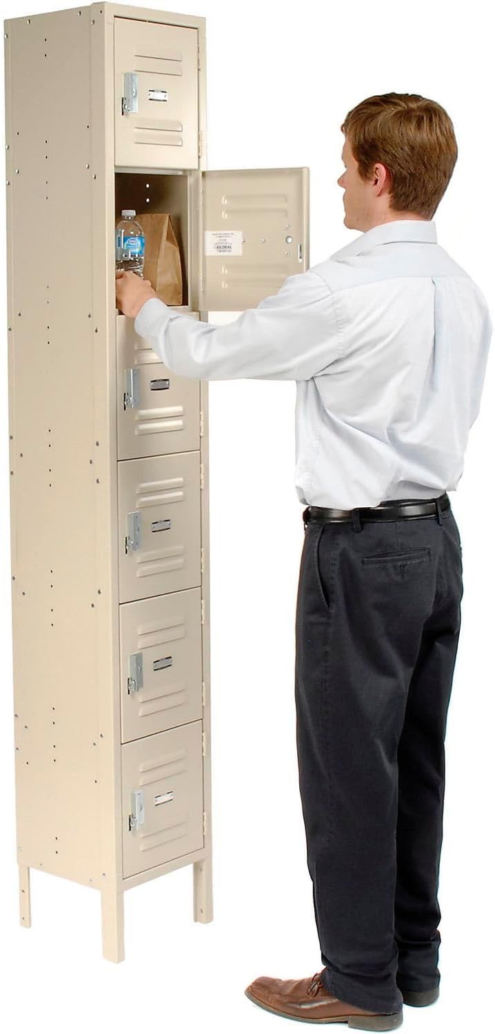 Global Industrial One-Wide Six-Tier Locker with Padlock Hasp, 12' W x 15' D x 78' H, 6 Doors, 12'x15'x12' Compartment Size, 16 Gauge Steel Construction, Unassembled, Tan