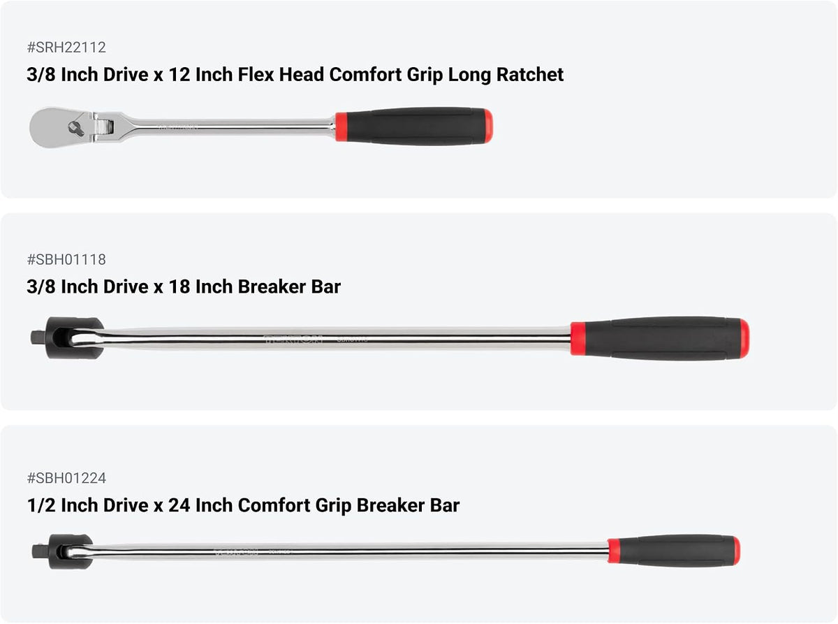 TEKTON 1/4, 3/8, 1/2 Inch Drive Quick-Release Comfort Grip Ratchet and Breaker Bar Set (15-Piece) | SDR99904