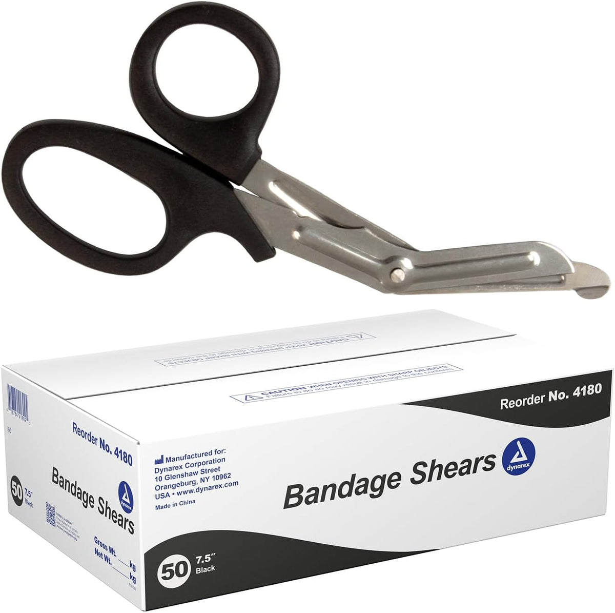 Dynarex Bandage Scissors - 7.5' Trauma Shears for Nurses, EMT - Serrated Stainless Steel Blades, Box of 50 Pieces (Black)