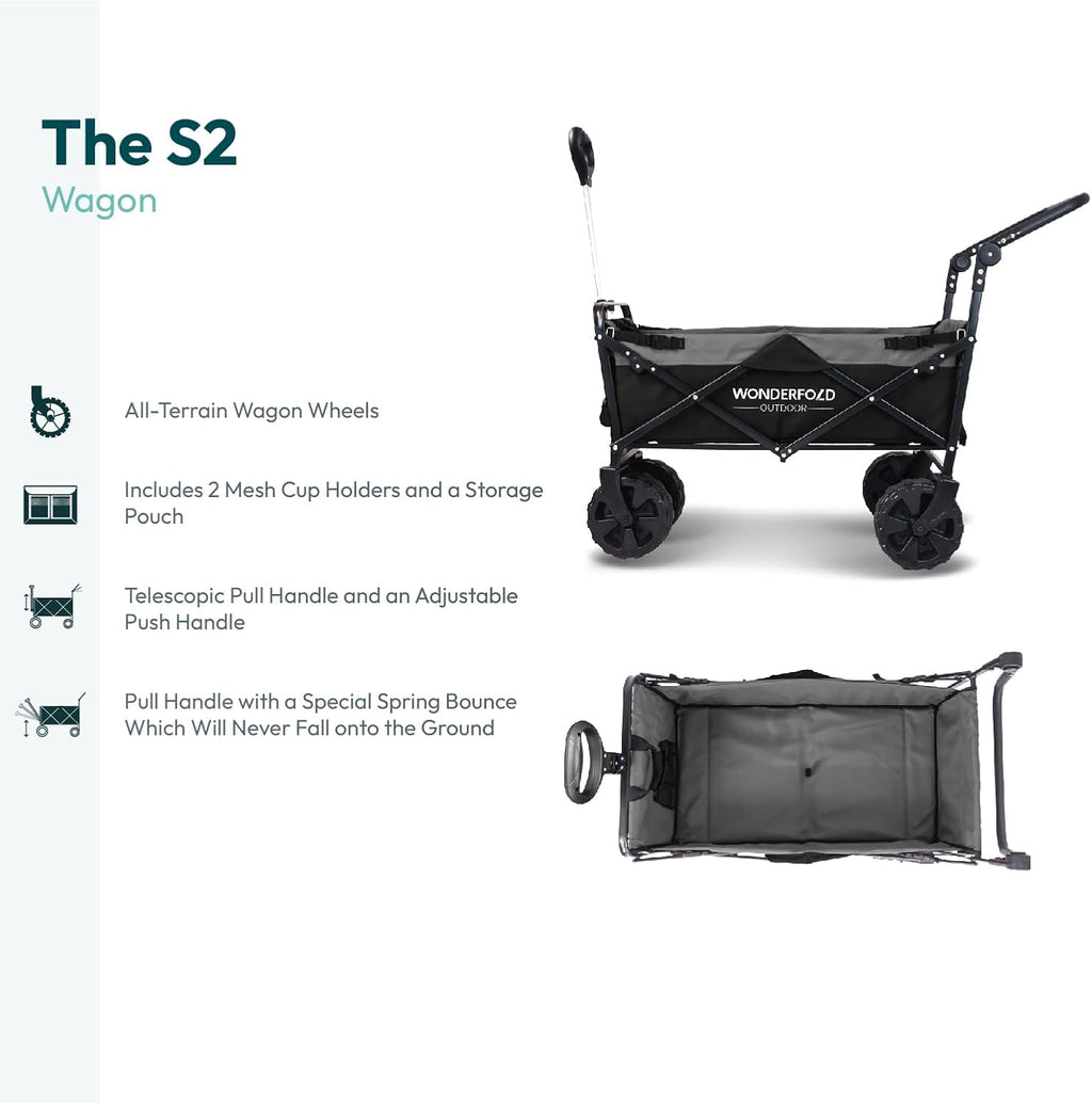 WONDERFOLD S2 Push & Pull Folding Utility Cart with Wide Beach Tires, Adjustable Push Handle, Telescopic Pull Handle with Spring Bounce Technology & Storage Pouch, Black/Gray