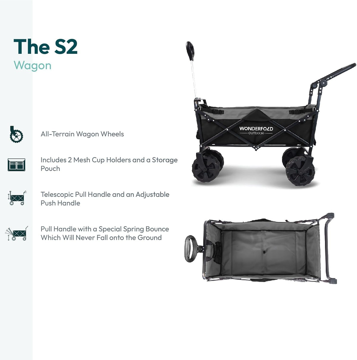 WONDERFOLD S2 Push & Pull Folding Utility Cart with Wide Beach Tires, Adjustable Push Handle, Telescopic Pull Handle with Spring Bounce Technology & Storage Pouch, Black/Gray