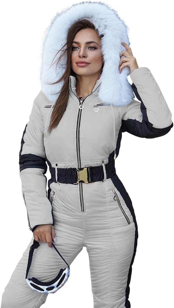 Yousify Womens Snow Suits Winter Ski Suit Onesie Outdoor Sports Waterproof Snowsuit Removable Faux Fur Collar Coat Jumpsuit
