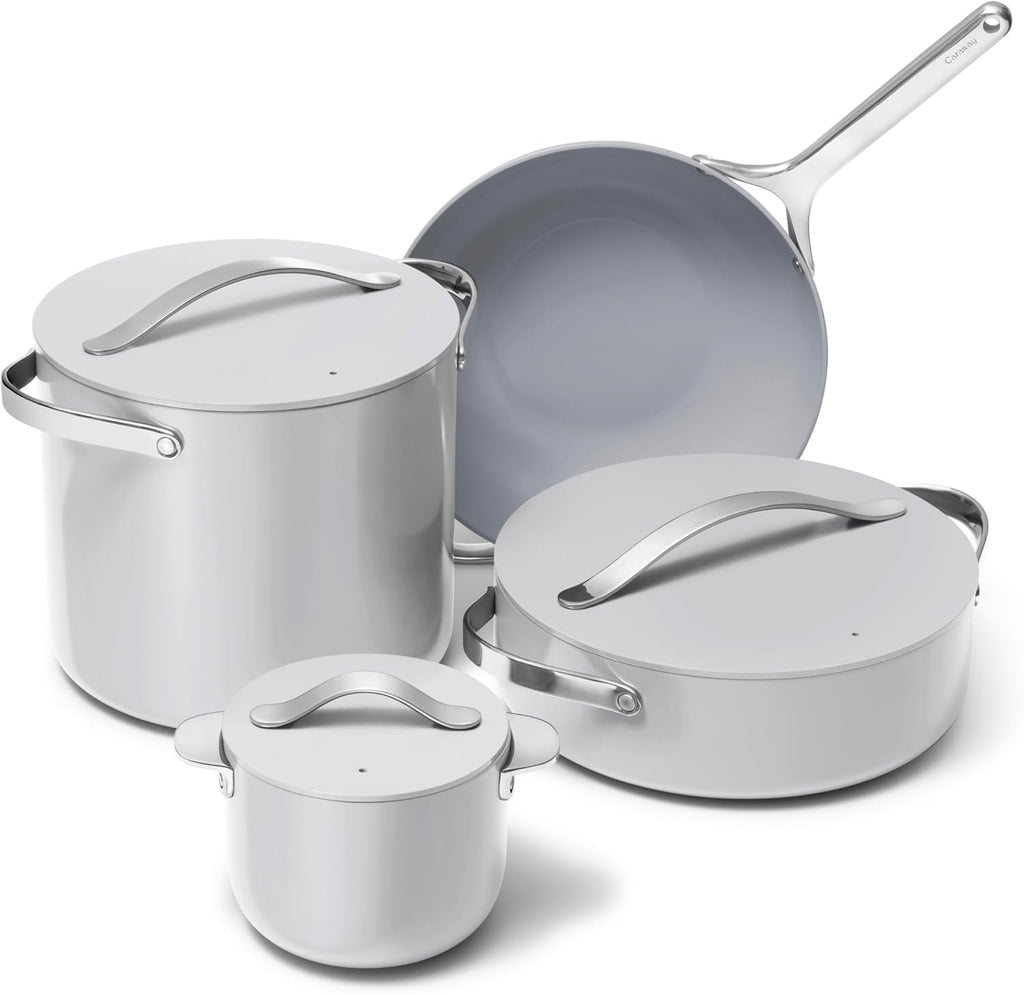 Caraway Cookware+ Collection - Specialty Cookware Set - Petite Cooker, Stir Fry Pan, Rondeau, & Stock Pot - 3 Lids & Storage Organizer Included - Gray