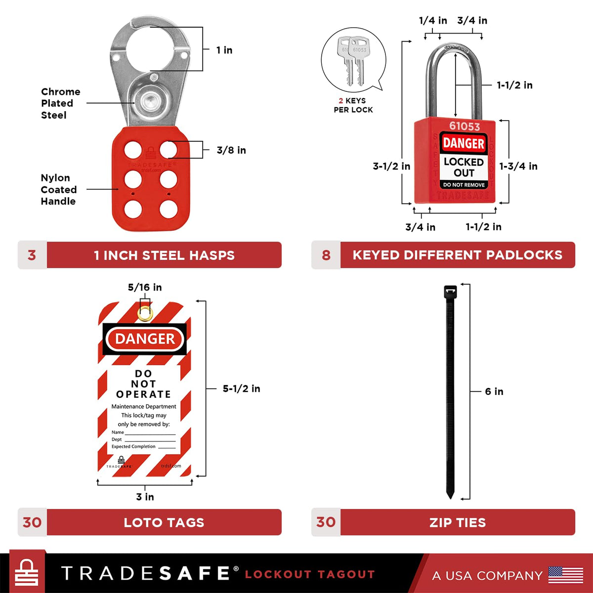 TRADESAFE Lockout Tagout Station with Loto Devices - Lock Out Tag Out Kit Board Includes 8 Pack Safety Lock Set, 3 Hasps for Padlocks, 30 Do Not Operate Tags for Lockout Safety, OSHA Compliance