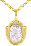 Jewelry America 14K Two-Tone Gold Jesus Christ Medal God Bless Us Pendant with Cuban Chain Necklace