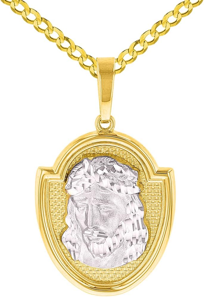 Jewelry America 14K Two-Tone Gold Jesus Christ Medal God Bless Us Pendant with Cuban Chain Necklace