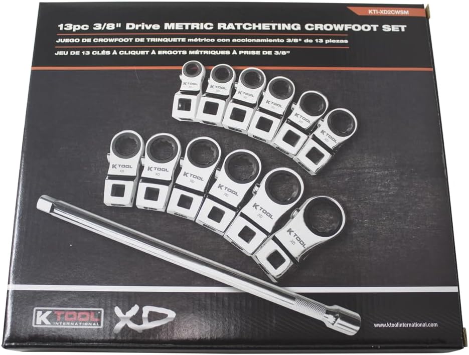 K Tool Internationl XD2CWSM Metric Ratcheting Crowfoot Wrench Set, 13 Piece 3/8 Inch Drive, 72 Tooth Heads, 8 to 19 mm Sizes, Locking Extension Included