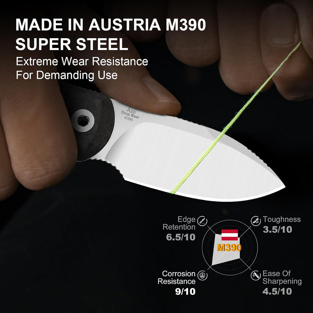 Kizer Drop Bear Fixed Blade Knife, 2.57' M390 Satin Blade EDC Camping Knife with Black Carbon Fiber Handle & Built-in Tools, Outdoor Small Hunting Survival Knives with Kydex Sheath, 1094A3