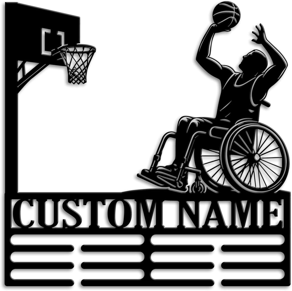 Custom Wheelchair Basketball Medal Holder LED Light, Wheelchair Basketball Player Name Medal Hanger Display, Rack For Tiered Award Ribbon, Metal Sign Gift For Athlete
