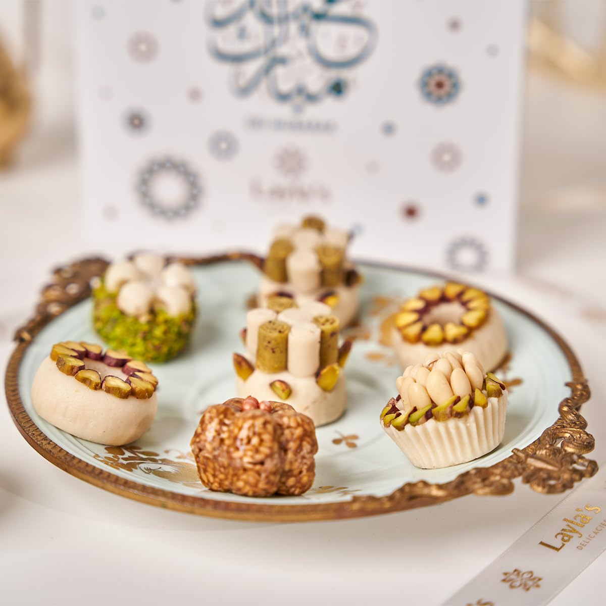 Layla's Delicacies Mediterranean Treats Gift Box for Eid Mubarak - Handmade Healthy Mixed Nutty Flavors Pastries - Halal, Vegetarian, Gluten Free - 46 Bite-Size Treats