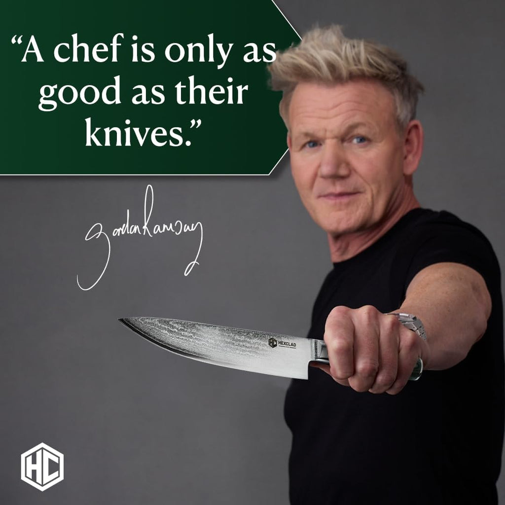 HexClad 8 Inch Japanese Damascus Stainless Steel Chefs Knife, Full Tang Construction, Pakkawood Handle